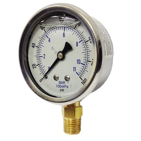 2 12 DIAL, LOWER MOUNT, 14 NPT, SS CASE, BRASS INTERNALS, LIQUID FILLED, 0300 PSIBAR